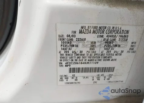 2004 Mazda Tribute Es V6 z USA, uszkodzony, nr VIN 4F2CZ06184KM11109